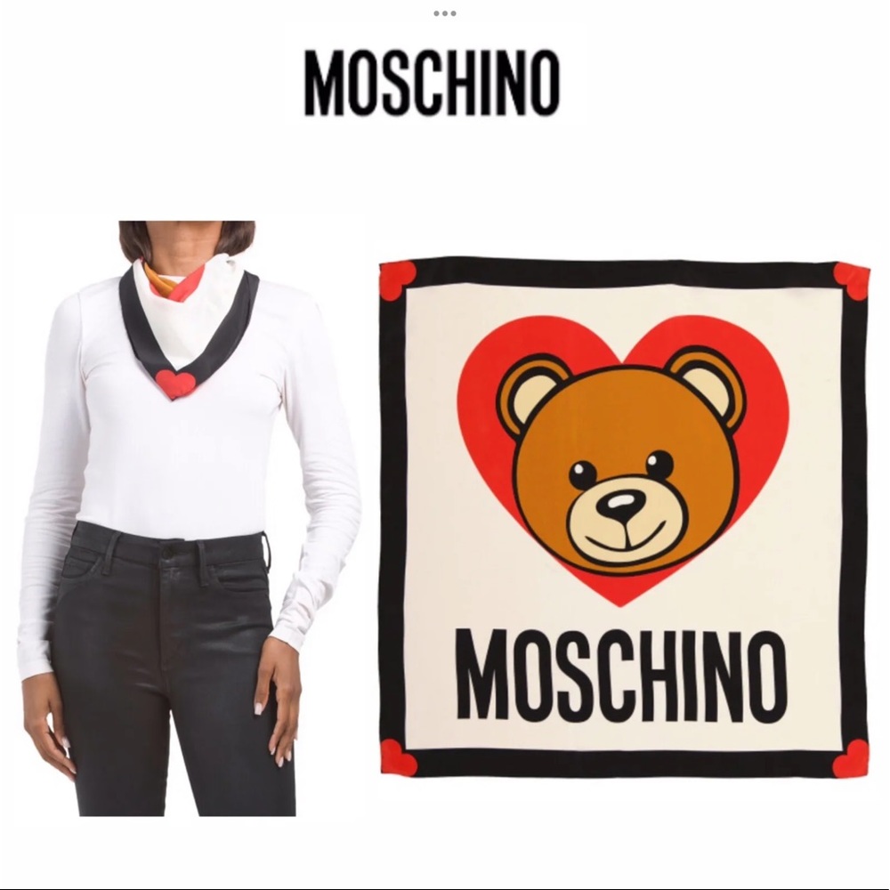 NWT MOSCHINO Signature Teddy Bear Red ❤️100% Silk Large Wrap/Scarf - Picture 9 of 9